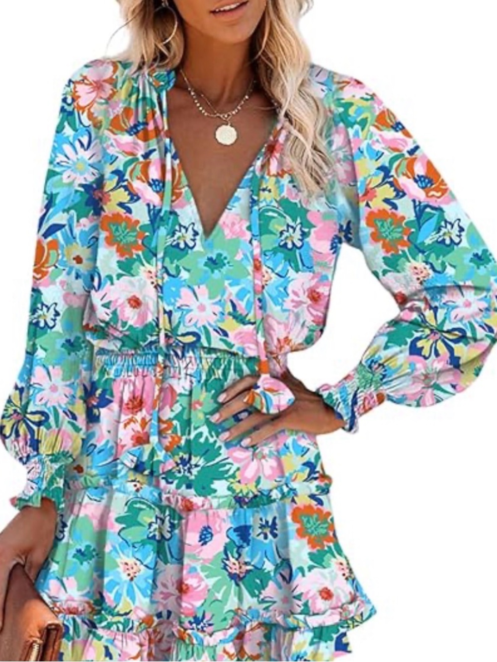Dokotoo Floral V neck Chiffon Long-Sleeve Dress Large